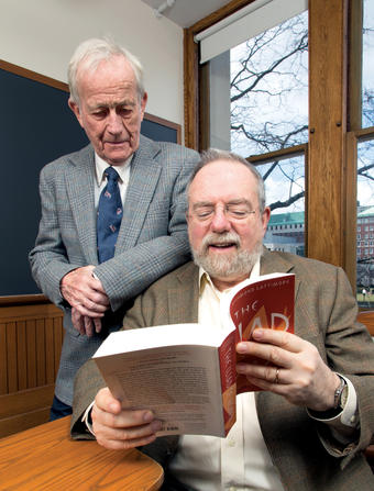 David Denby '65, '66J (seated) returned to Hamilton Hall in February and revisited The Illiad under the watchful eye of the Lionel Trilling Professor Emeritus in the Humanities Edward "Ted" Tayler.Photo: Leslie Jean-Bart '76, '77J
